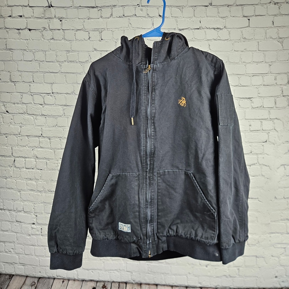 Legendary Whitetails Mens Black Canvas Hooded Work Jacket Plaid Lined Medium